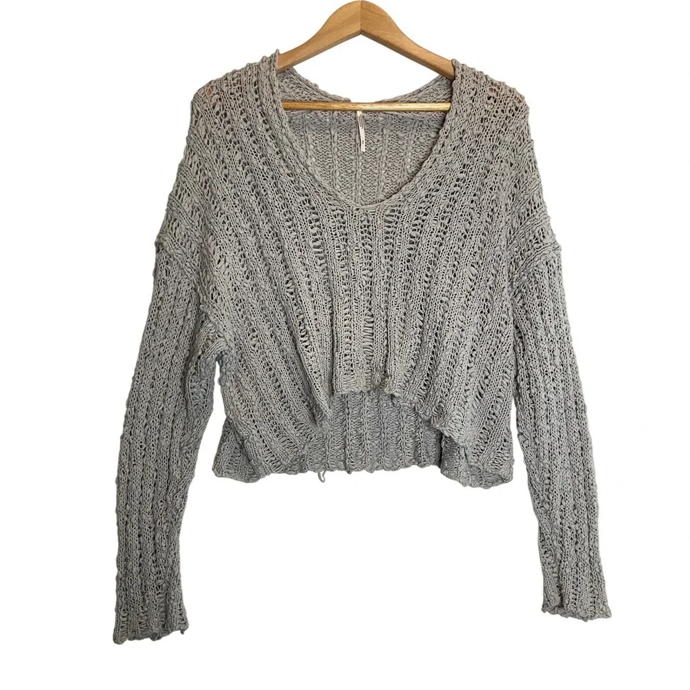 Free People Beach‎ Comber Sweater Chunky Crochet Knit V-Neck Boho Coastal Grey S
